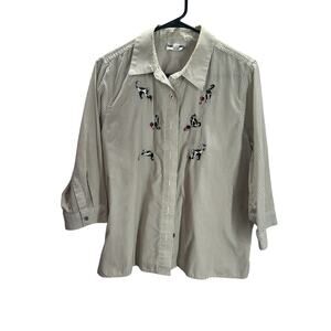 Breckenridge Cat Balloon Embroidered Stripe Shirt M Neutral Button Front